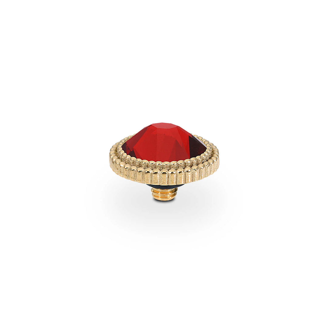 Small gold-tone knob with textured rim, large faceted red crystal; available in sizes S, M, L.