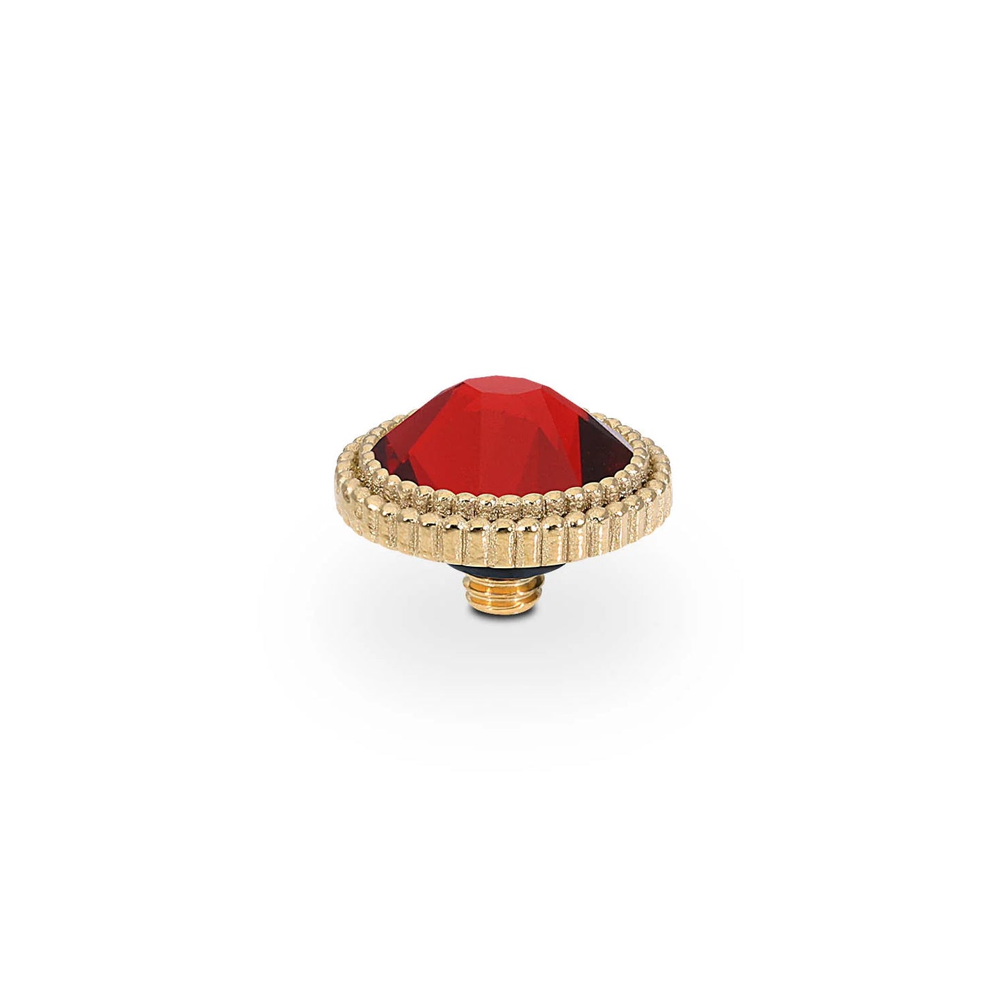 Small gold-tone knob with textured rim, large faceted red crystal; available in sizes S, M, L.