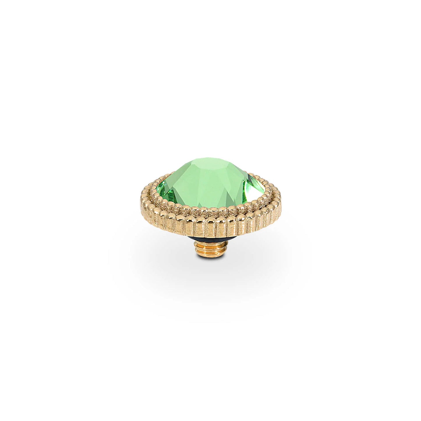 Gold dome-shaped QUDO Fabero Flat Top with faceted green crystal, ridged edge, threaded base. Available in sizes 10mm & 13mm.
