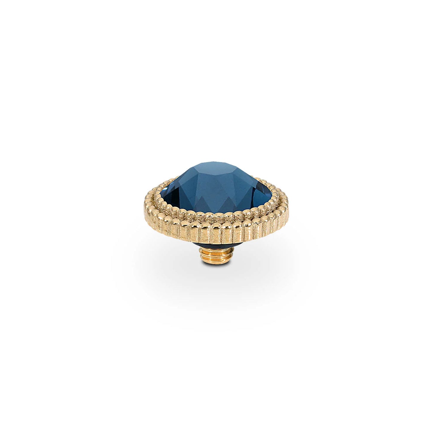 Gold metal screw-on knob with textured edge and large faceted dark blue crystal center. Sizes: available.