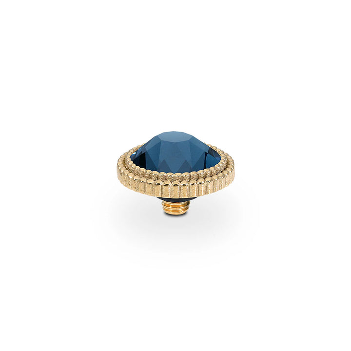 Gold metal screw-on knob with textured edge and large faceted dark blue crystal center. Sizes: available.