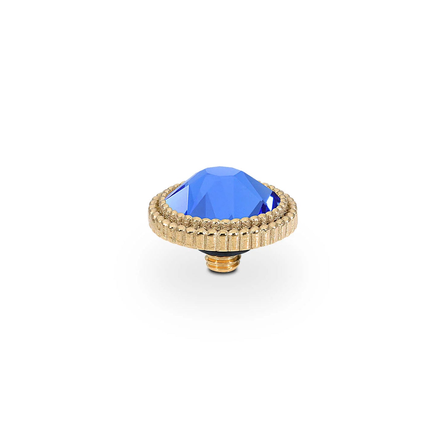 Gold circular knob with textured edge and large faceted blue European crystal. Available in multiple sizes.