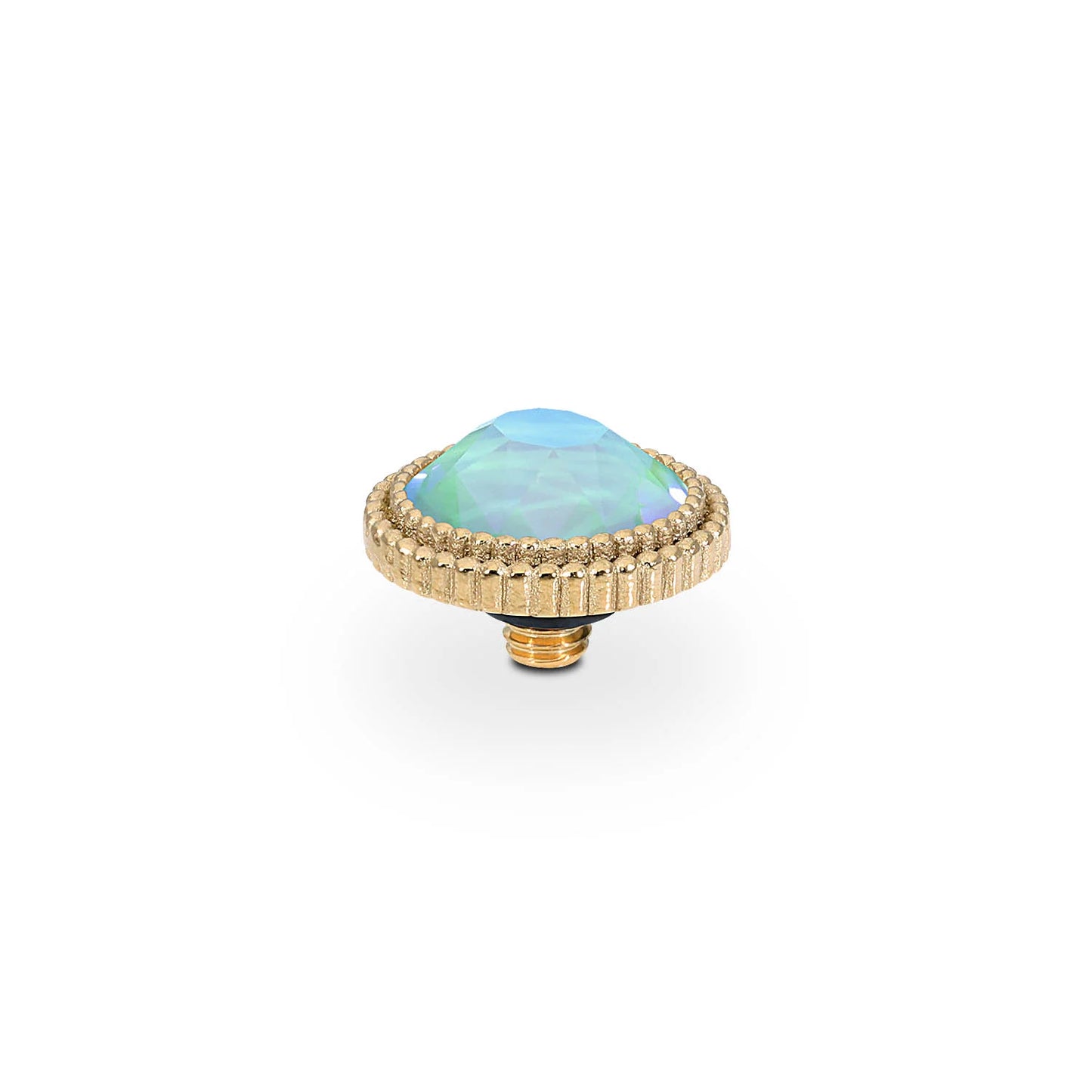 Gold screw-on jewelry end with faceted opalescent gemstone, textured border. Available in multiple sizes.