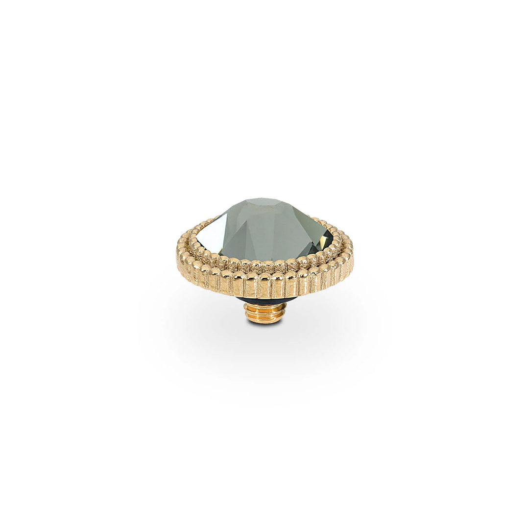 Interchangeable Tops Fabero Flat by QUDO: gold knob, faceted dark gray crystal center, threaded base. Sizes: 10mm, 13mm.