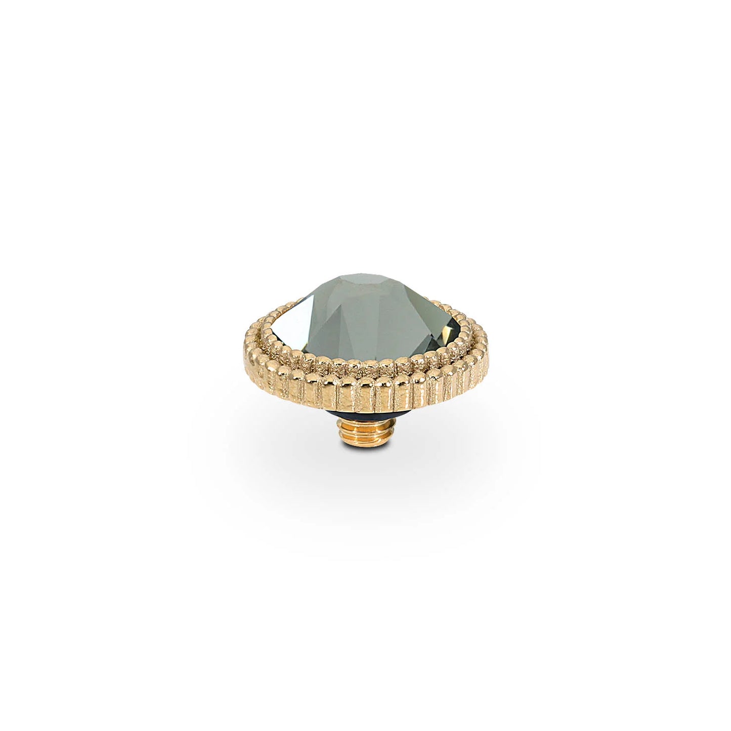 Interchangeable Tops Fabero Flat by QUDO: gold knob, faceted dark gray crystal center, threaded base. Sizes: 10mm, 13mm.