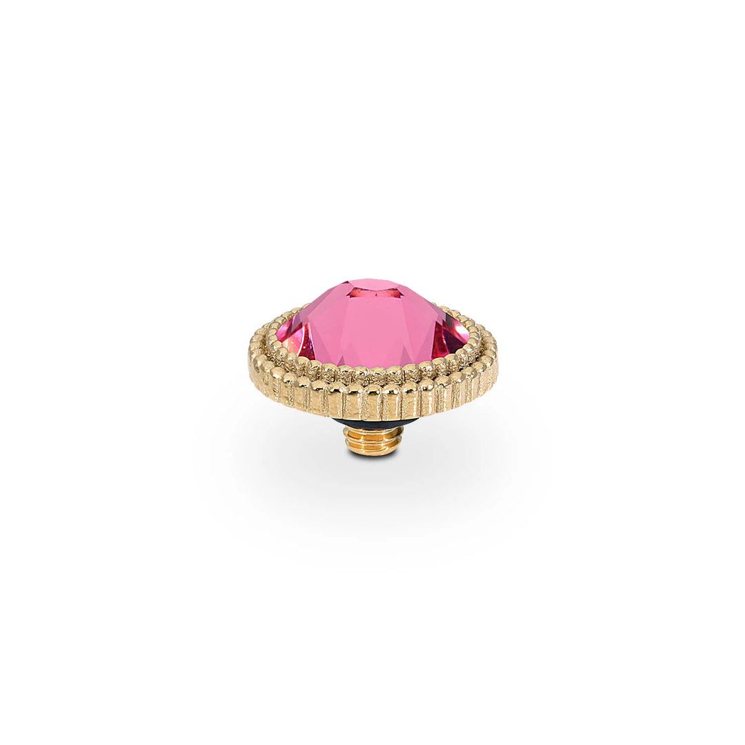 Gold-tone round screw with ridged edge and faceted pink crystal center. Sizes available: 10mm, 13mm.