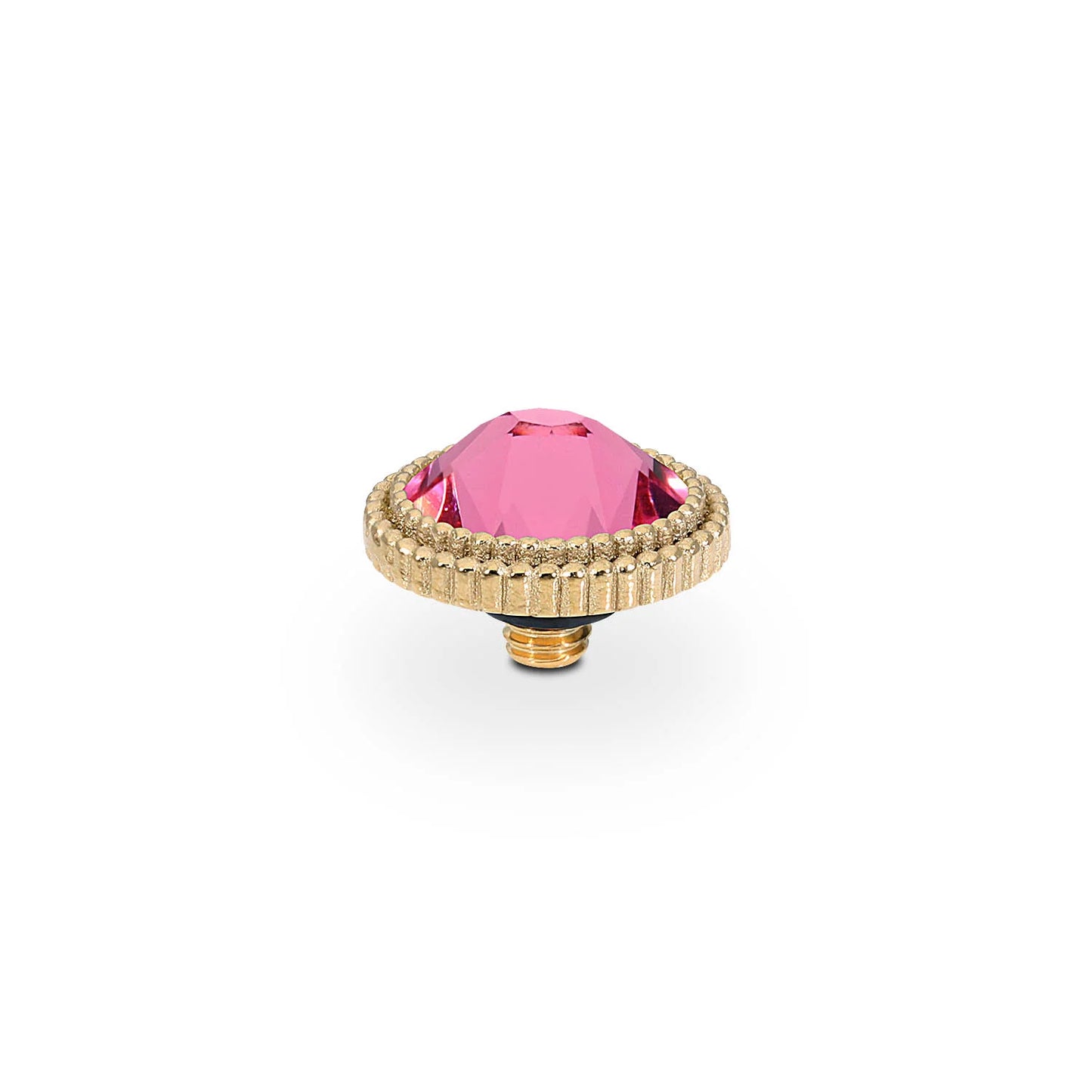Gold-tone round screw with ridged edge and faceted pink crystal center. Sizes available: 10mm, 13mm.