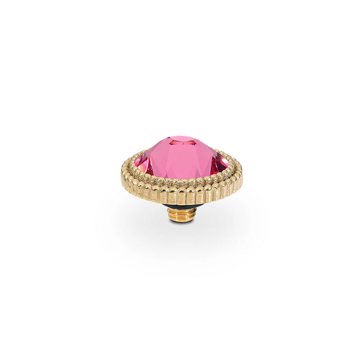 Gold-tone round screw with ridged edge and faceted pink crystal center. Sizes available: 10mm, 13mm.