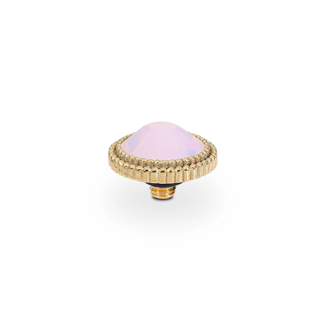 Fabero Flat by QUDO: gold round knob, ridged edge, domed pale pink European crystal center. Available in multiple sizes.