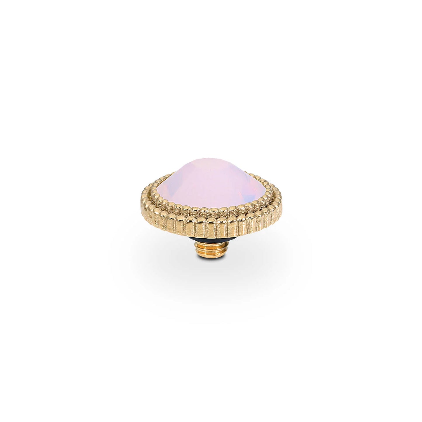 Fabero Flat by QUDO: gold round knob, ridged edge, domed pale pink European crystal center. Available in multiple sizes.