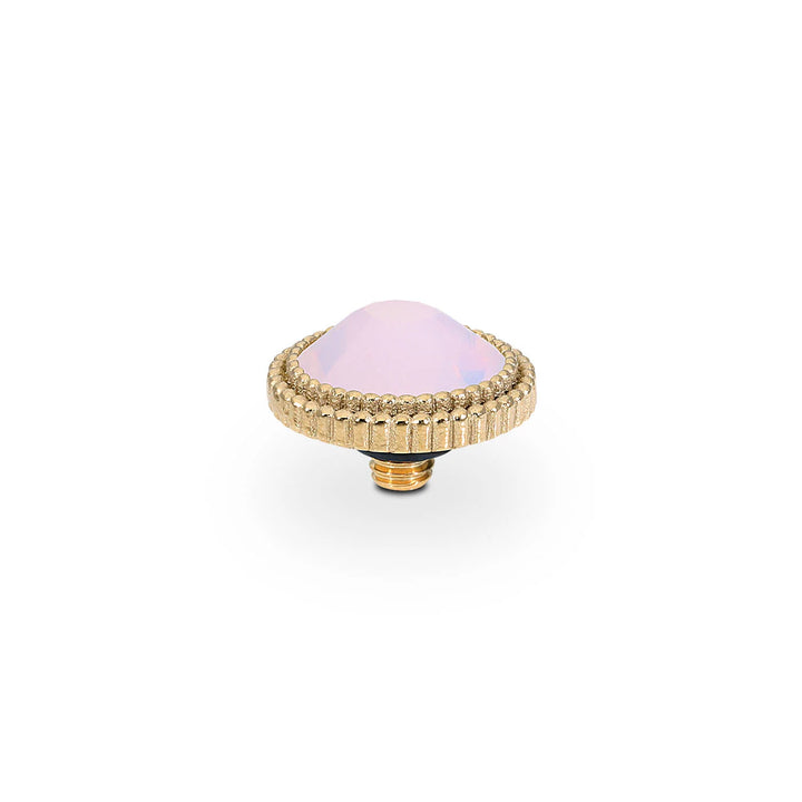 Fabero Flat by QUDO: gold round knob, ridged edge, domed pale pink European crystal center. Available in multiple sizes.