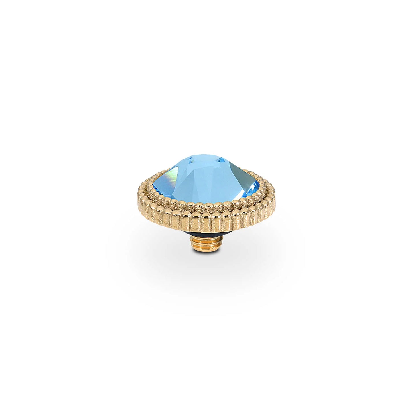 Gold screw-on QUDO Fabero Flat top with large faceted blue crystal. Sizes available: 10mm, 13mm, 16mm.