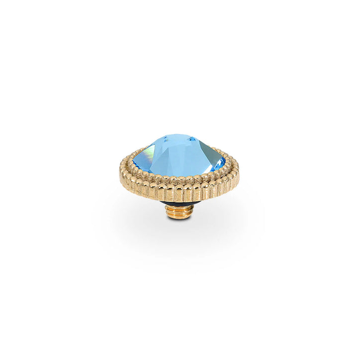 Gold screw-on QUDO Fabero Flat top with large faceted blue crystal. Sizes available: 10mm, 13mm, 16mm.