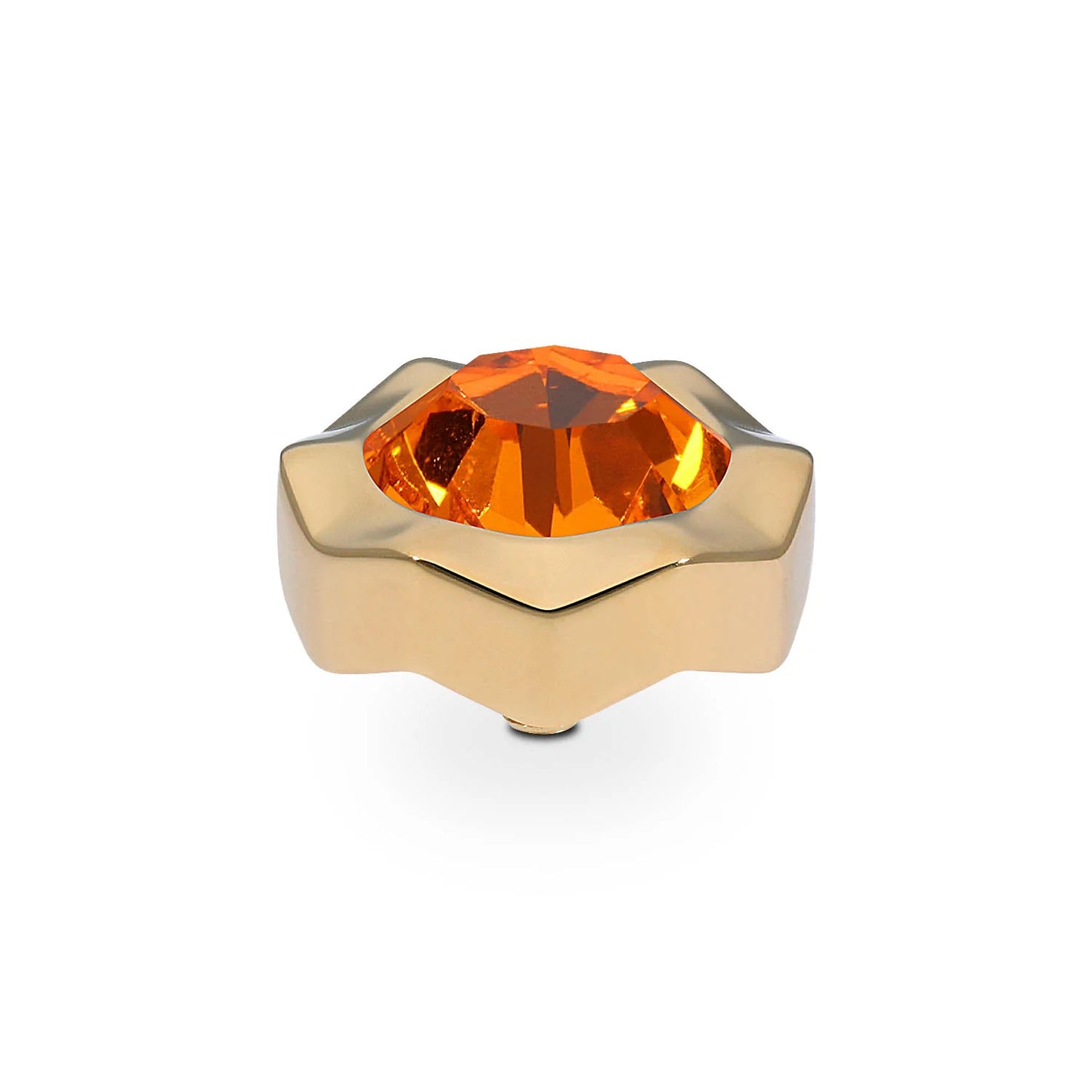 Gold star-shaped ring with large faceted orange gemstone, customizable interchangeable tops. Sizes available: various.