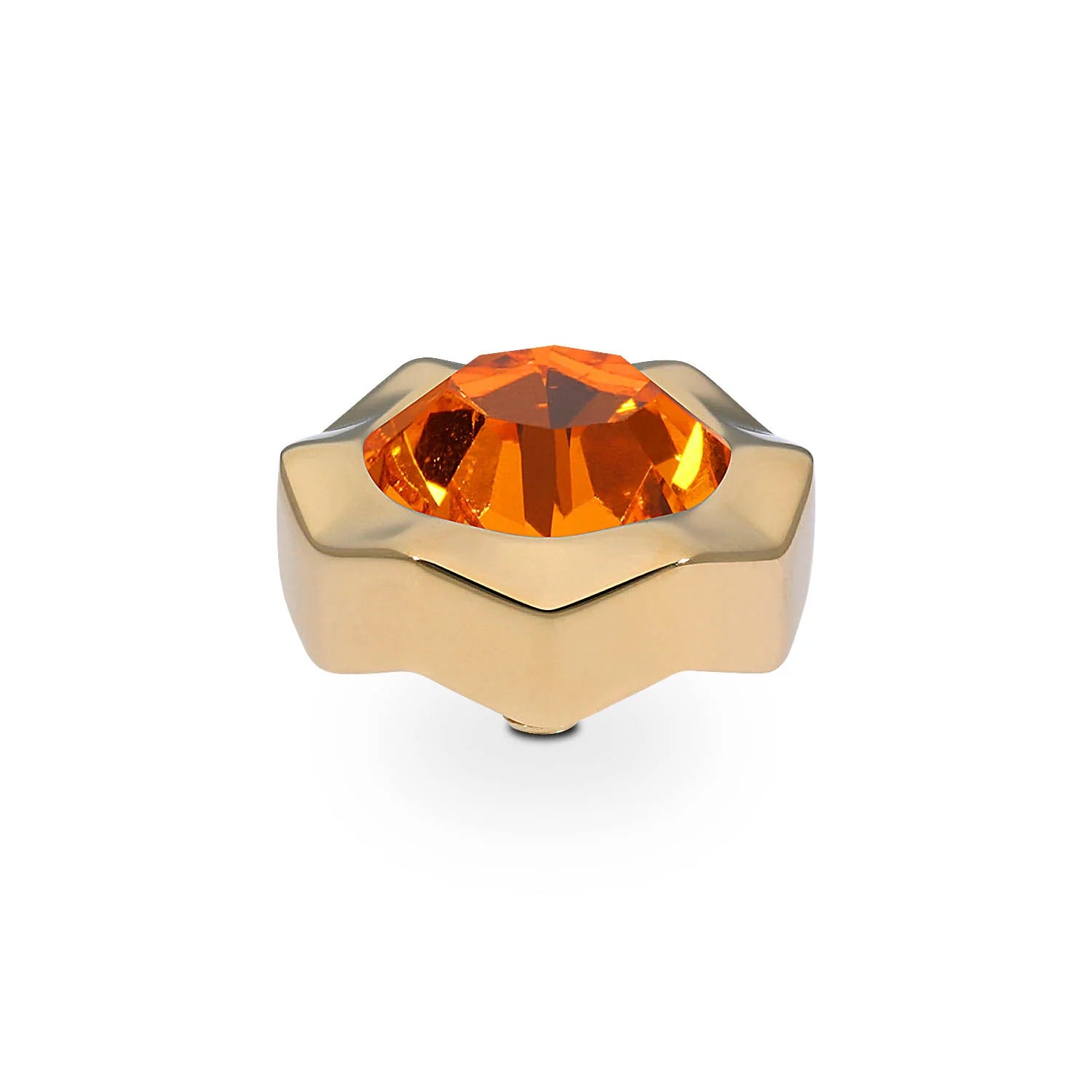 Gold star-shaped ring with large faceted orange gemstone, customizable interchangeable tops. Sizes available: various.
