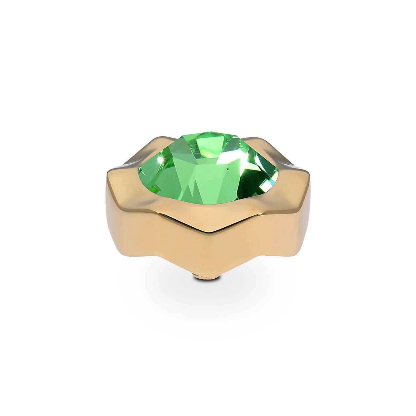 Handmade gold ring with geometric design and green faceted gemstone. Available in sizes 50–60.