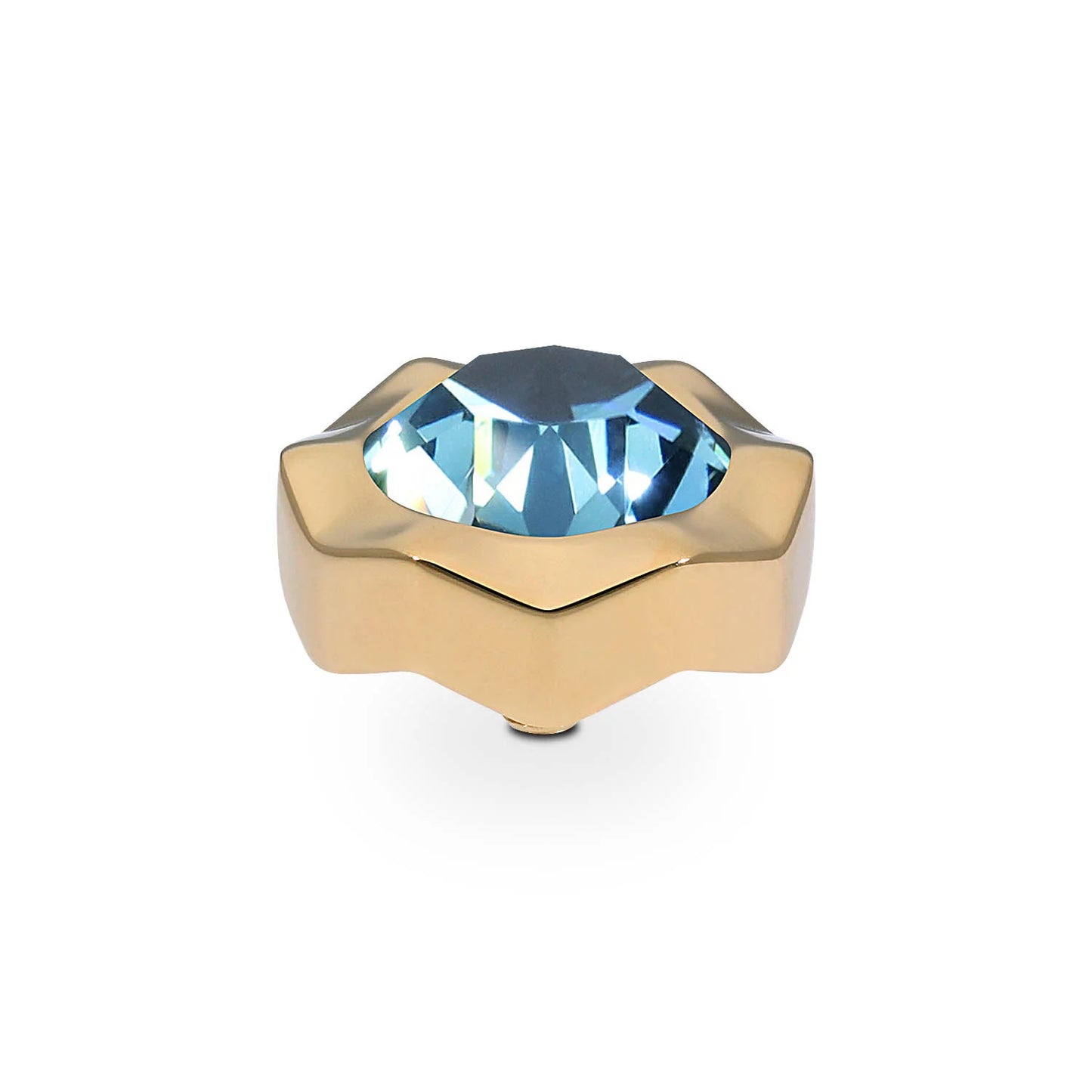 Gold star-shaped ring with a large faceted blue gemstone center, handmade in Germany. Available in sizes 6-9.