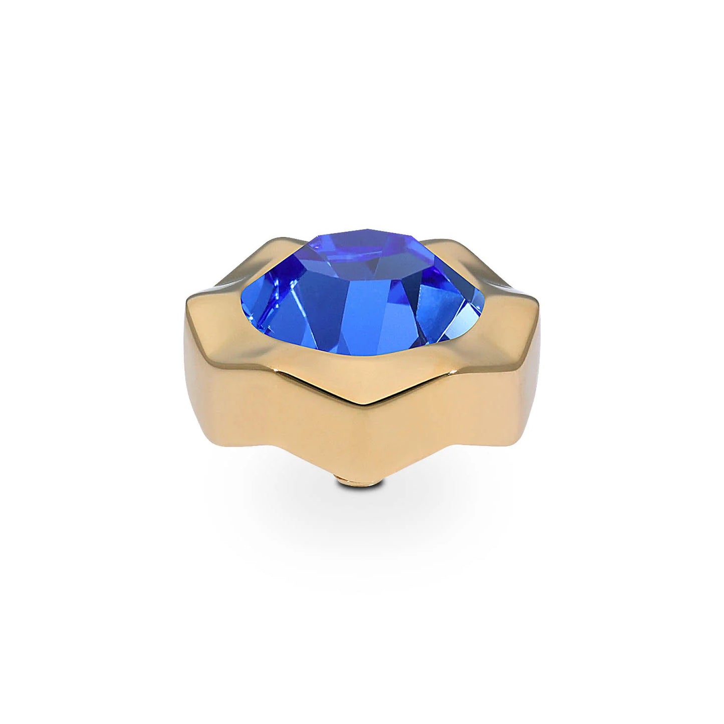 Interchangeable Tops Nemoli by QUDO: faceted blue gemstone in gold star-shaped casing. Sizes available: 10mm, 13mm.