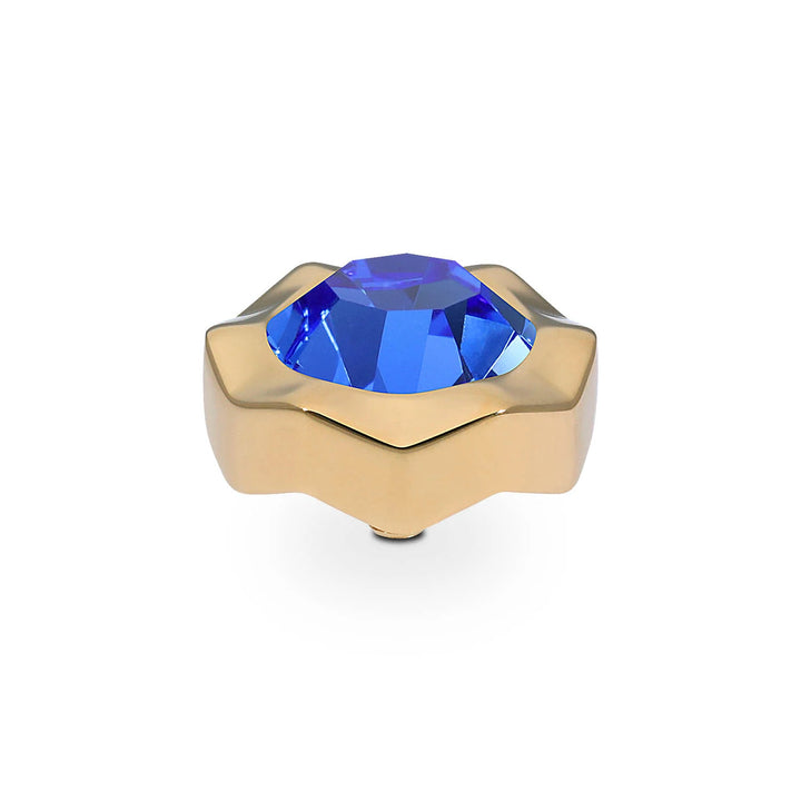 Interchangeable Tops Nemoli by QUDO: faceted blue gemstone in gold star-shaped casing. Sizes available: 10mm, 13mm.