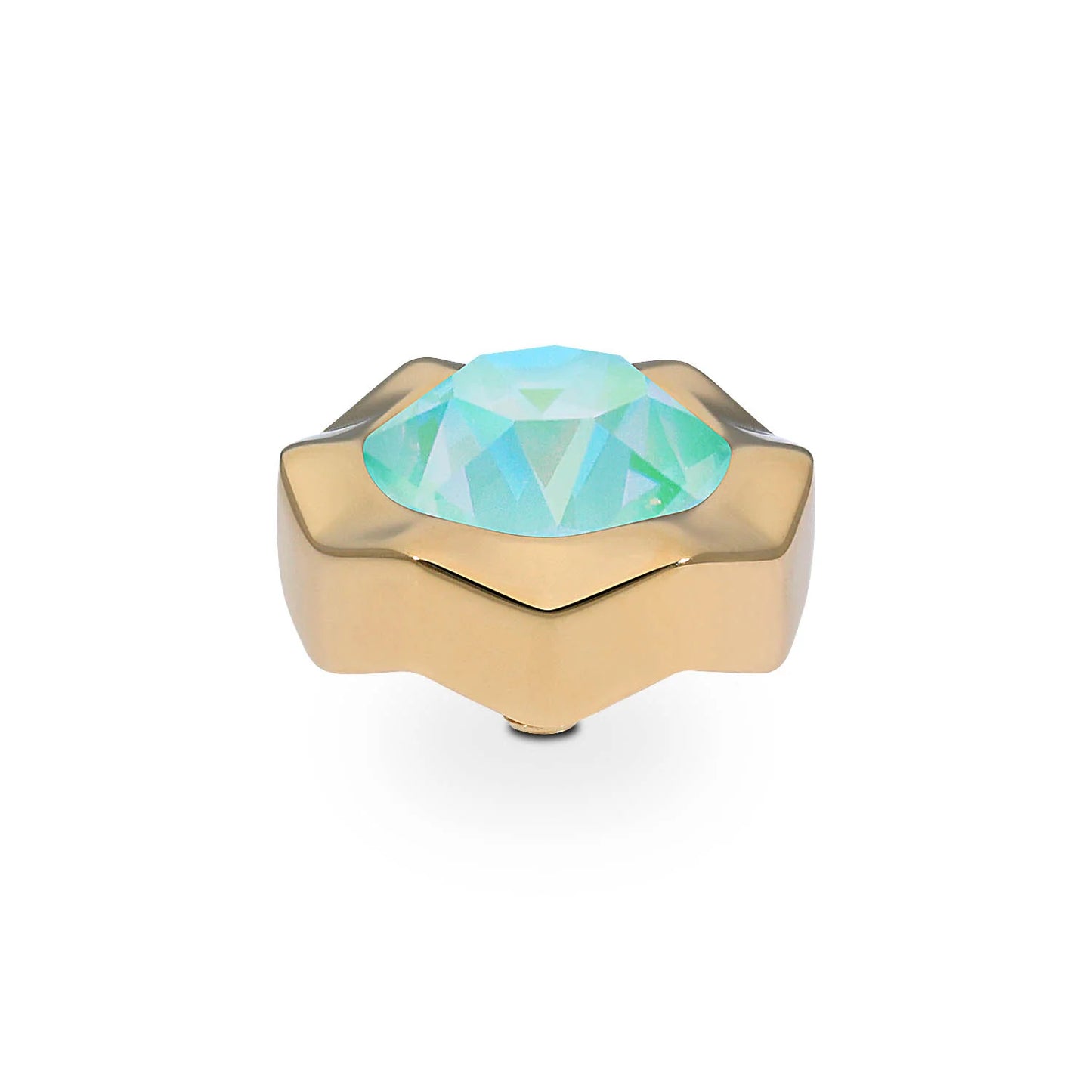 Gold star-shaped ring with large blue-green gemstone, customizable tops. Handmade in Germany. Available in multiple sizes.