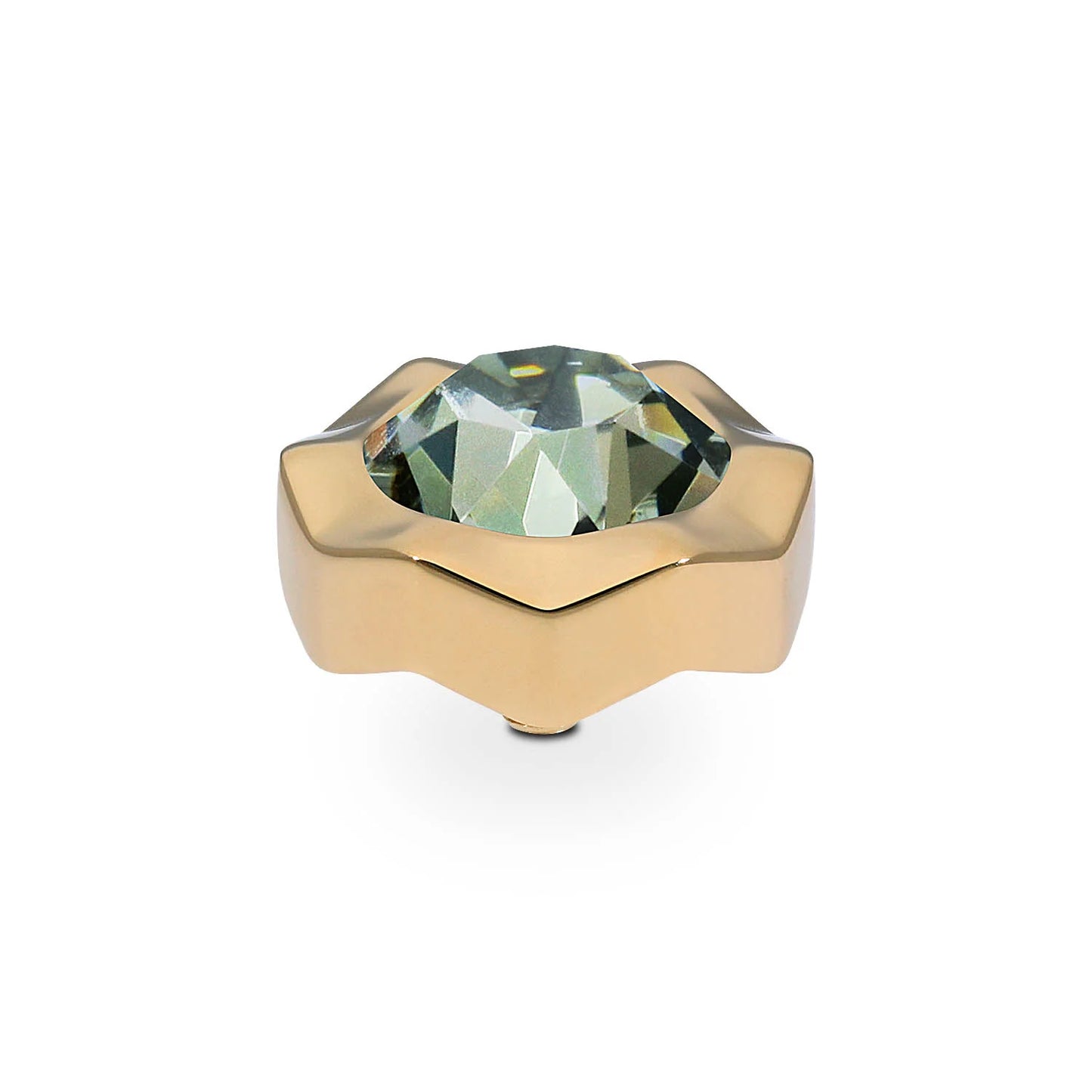 Handmade gold ring with star-shaped setting, large light green gemstone, and interchangeable tops. Sizes available: 50-60.
