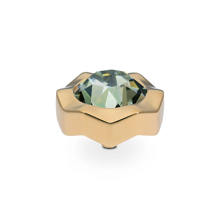 Handmade gold ring with star-shaped setting, large light green gemstone, and interchangeable tops. Sizes available: 50-60.