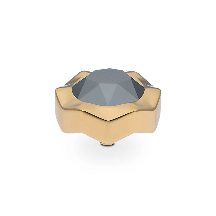 Gold star-shaped QUDO Nemoli knob with large faceted gray gemstone center, handmade in Germany. Available in multiple sizes.