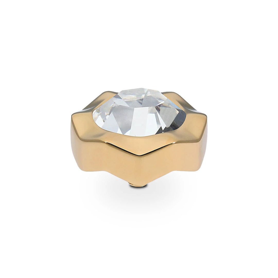 QUDO Nemoli ring with large faceted clear gemstone on wide angular gold band. Available in sizes 50-60.
