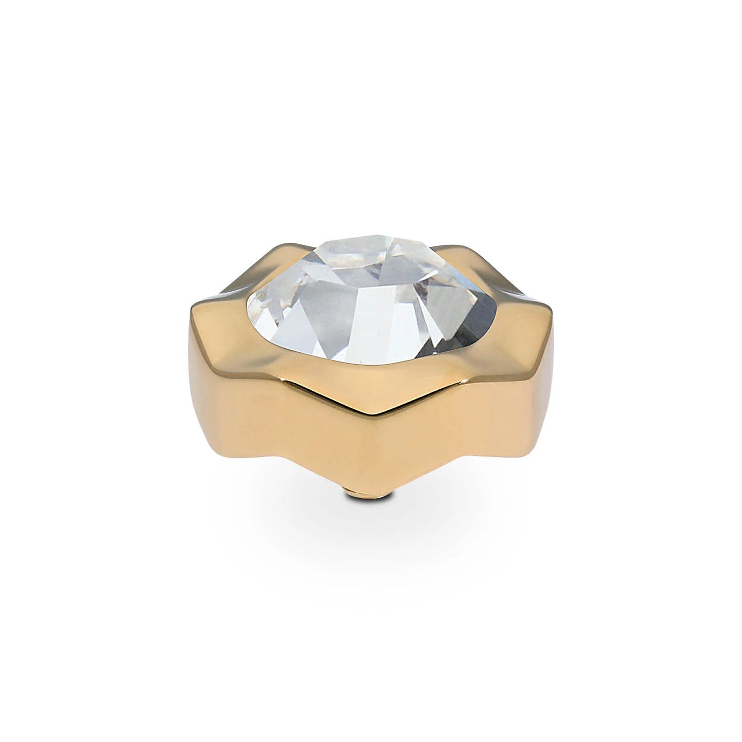 QUDO Nemoli ring with large faceted clear gemstone on wide angular gold band. Available in sizes 50-60.