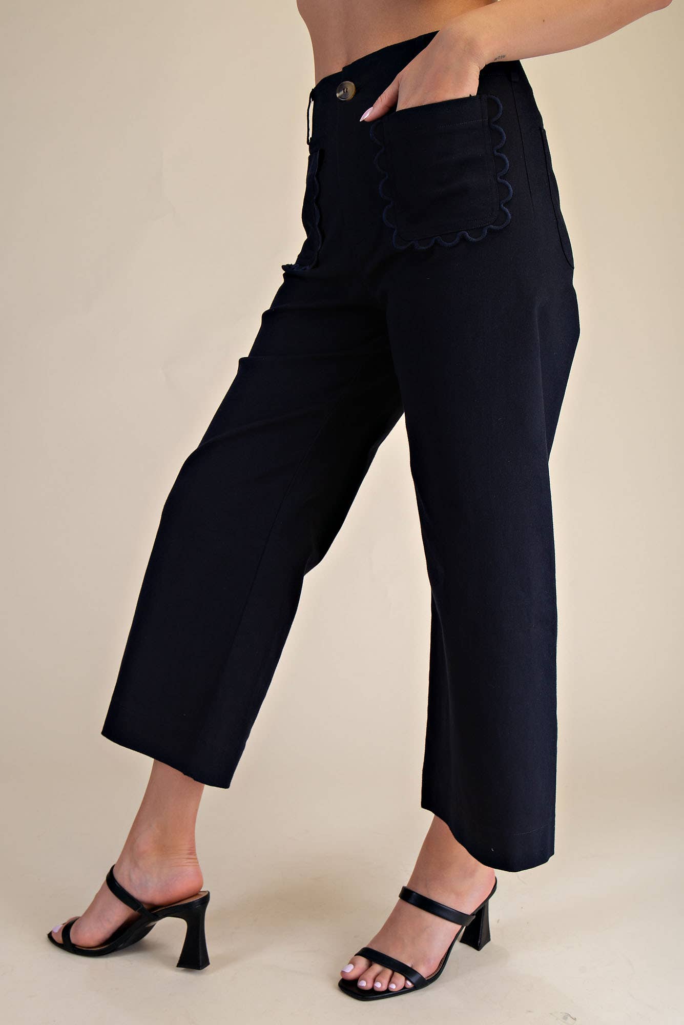Colette Navy Wide-Leg Scallop Pocket Pants, available in sizes XS–XL.