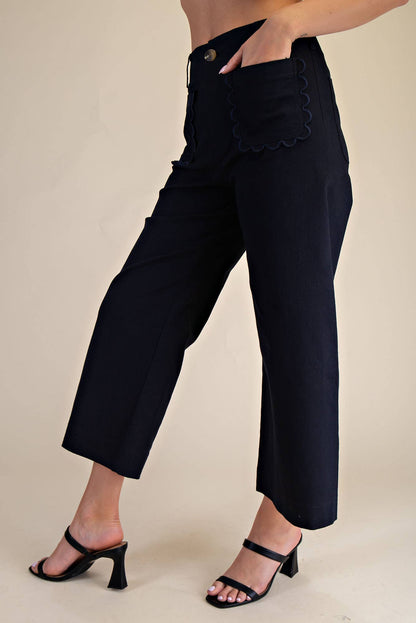 Colette Navy Wide-Leg Scallop Pocket Pants, available in sizes XS–XL.