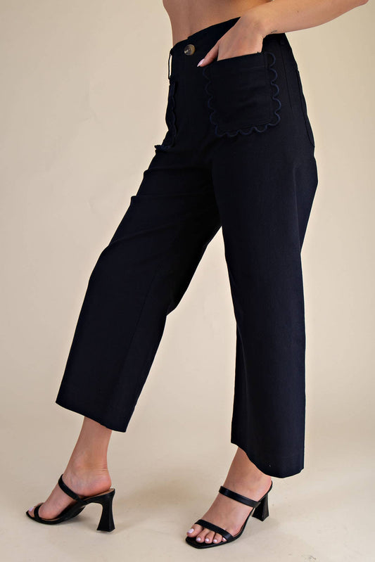 Colette Navy Wide-Leg Scallop Pocket Pants, available in sizes XS–XL.