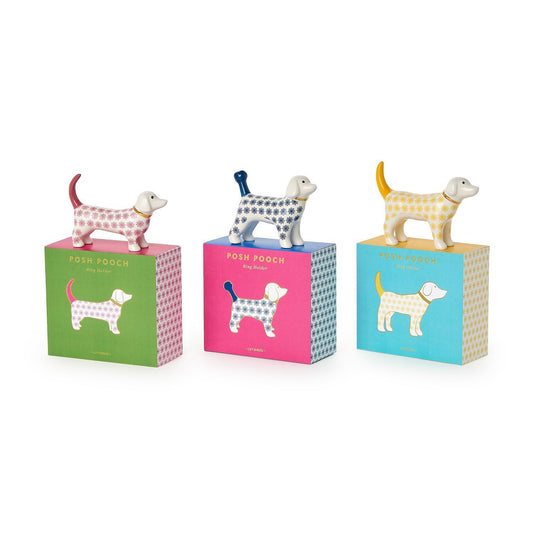Set of three ceramic ring holders with dog toppers in green, blue, and teal. Sizes: small, medium, and large.