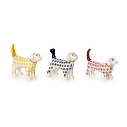 Three Posh Pooch Dog Ceramic Ring Holders, assorted colors, white face/legs, floral pattern. Sizes: small/medium/large.