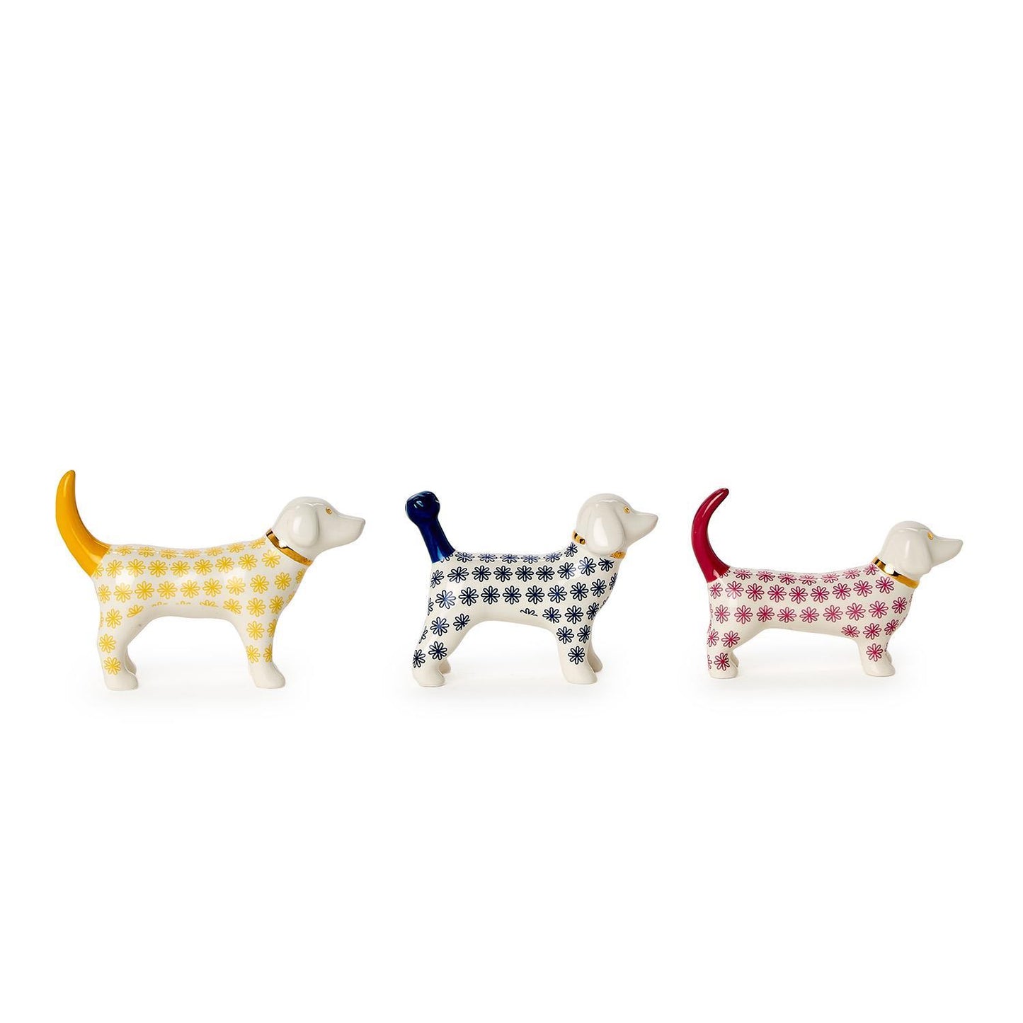 Set of 3 ceramic dog ring holders in yellow, blue, and red with matching tails. Sizes available: small, medium, large.