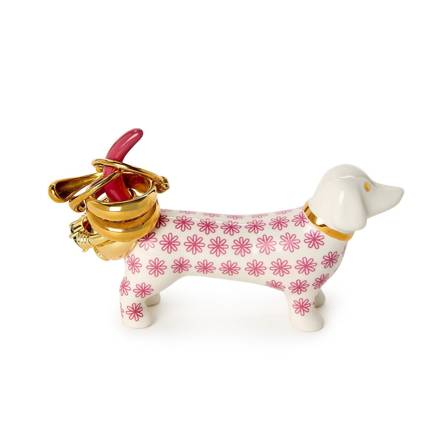 White head, pink floral body ceramic dog ring holder. 3 colors, assorted sizes available. Tail holds rings.