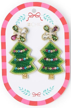 Rhinestone Christmas tree dangle earrings with multi-colored gem accents.