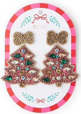 Beaded Christmas tree earrings with multicolored crystals and bow accents.