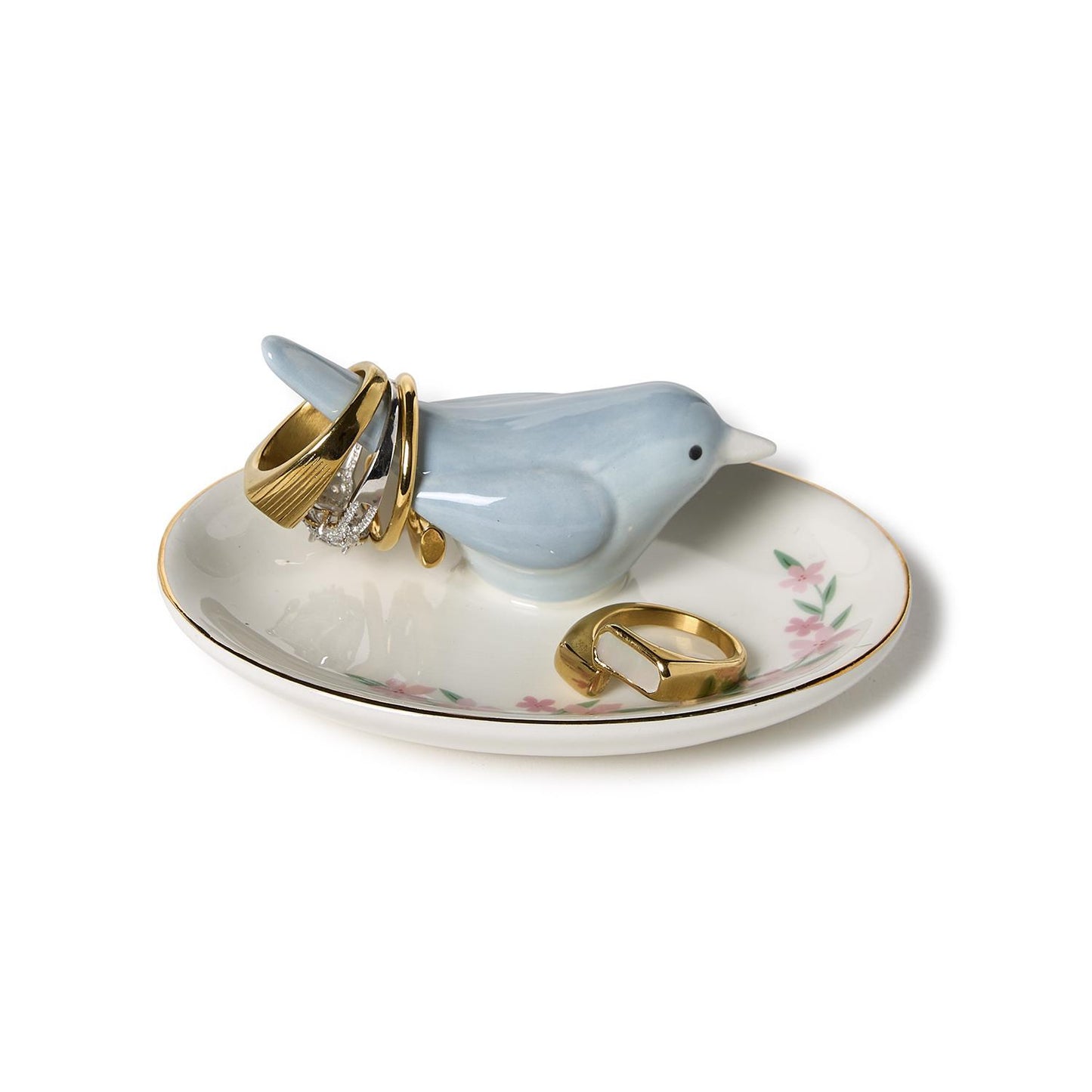 Blue Bird Ceramic Ring Holder: pale blue bird, gold rim, pink floral on white base; holds rings. Size: 4" diameter.