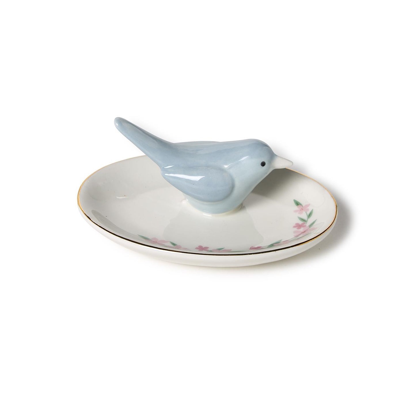 Ceramic ring holder with light blue bird, gold rim, pink floral pattern. Available in small and medium sizes.