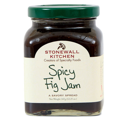 Glass jar with green lid labeled "Spicy Fig Jam 12.25 oz" containing dark, spicy jam. Net weight: 12.25 oz (347g).