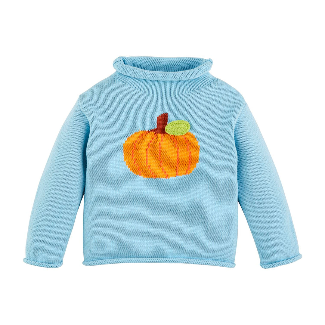 Light blue rollneck sweater with a central orange pumpkin graphic. Available in all sizes.