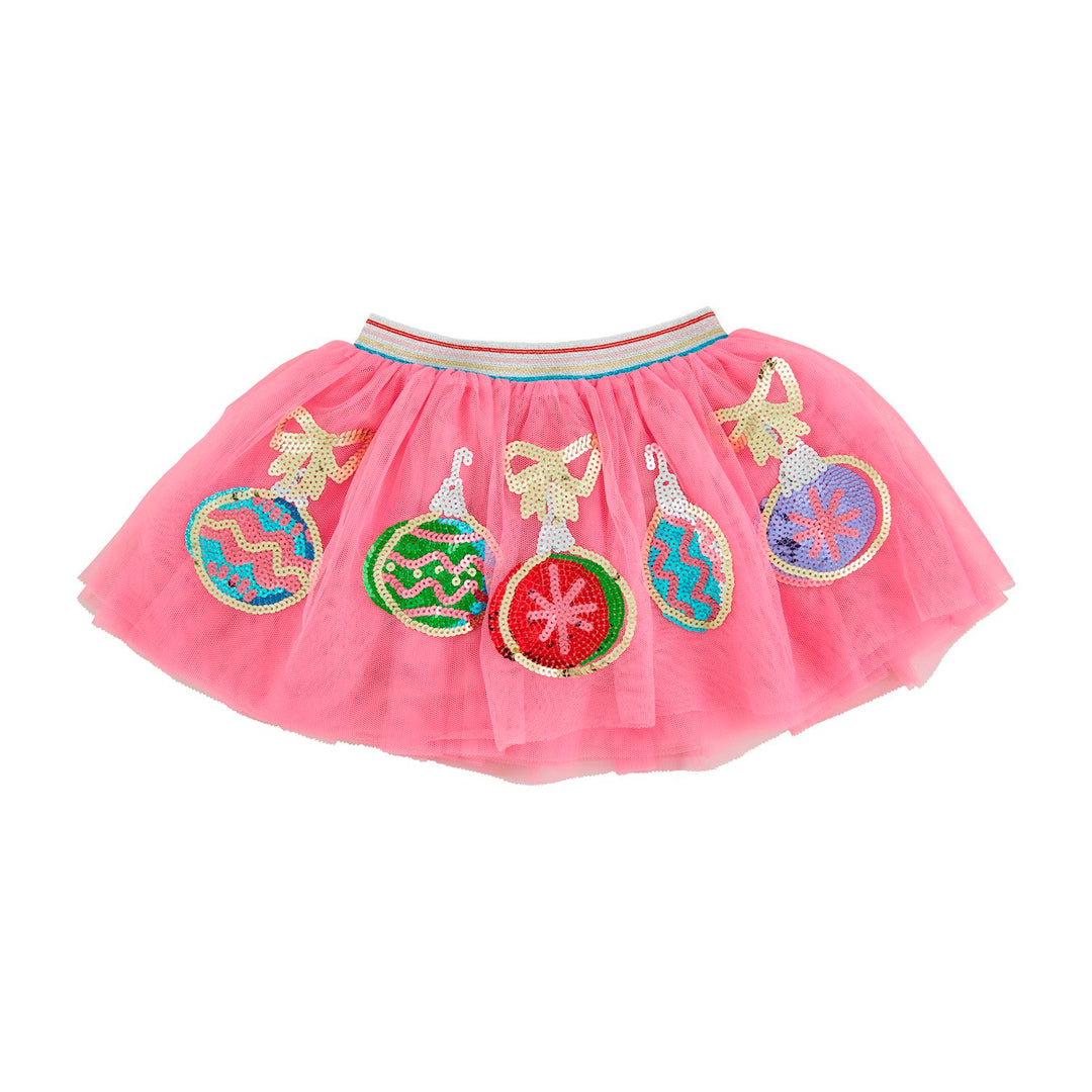 Pink Christmas sequin tutus with ornament appliqués and glittery striped waistband. Available in multiple sizes.