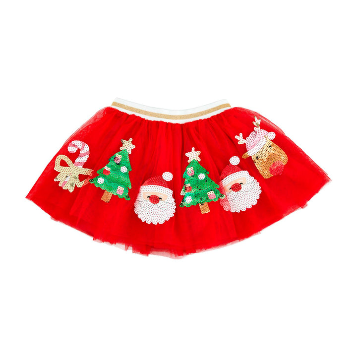 Red tulle Christmas sequin tutus with candy cane, tree, Santa, and reindeer appliques. Available in various sizes.