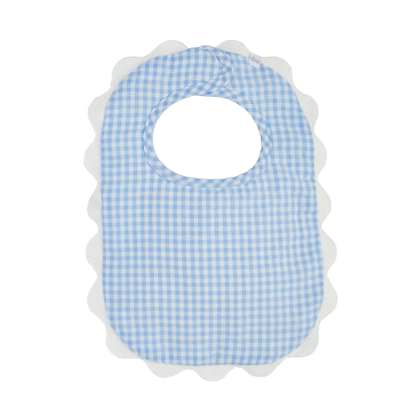 Blue and white gingham check bib with scallop edging. Available in sizes S, M, and L.