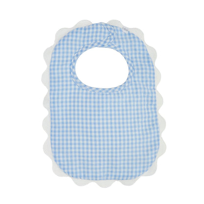 Blue and white gingham check bib with scallop edging. Available in sizes S, M, and L.