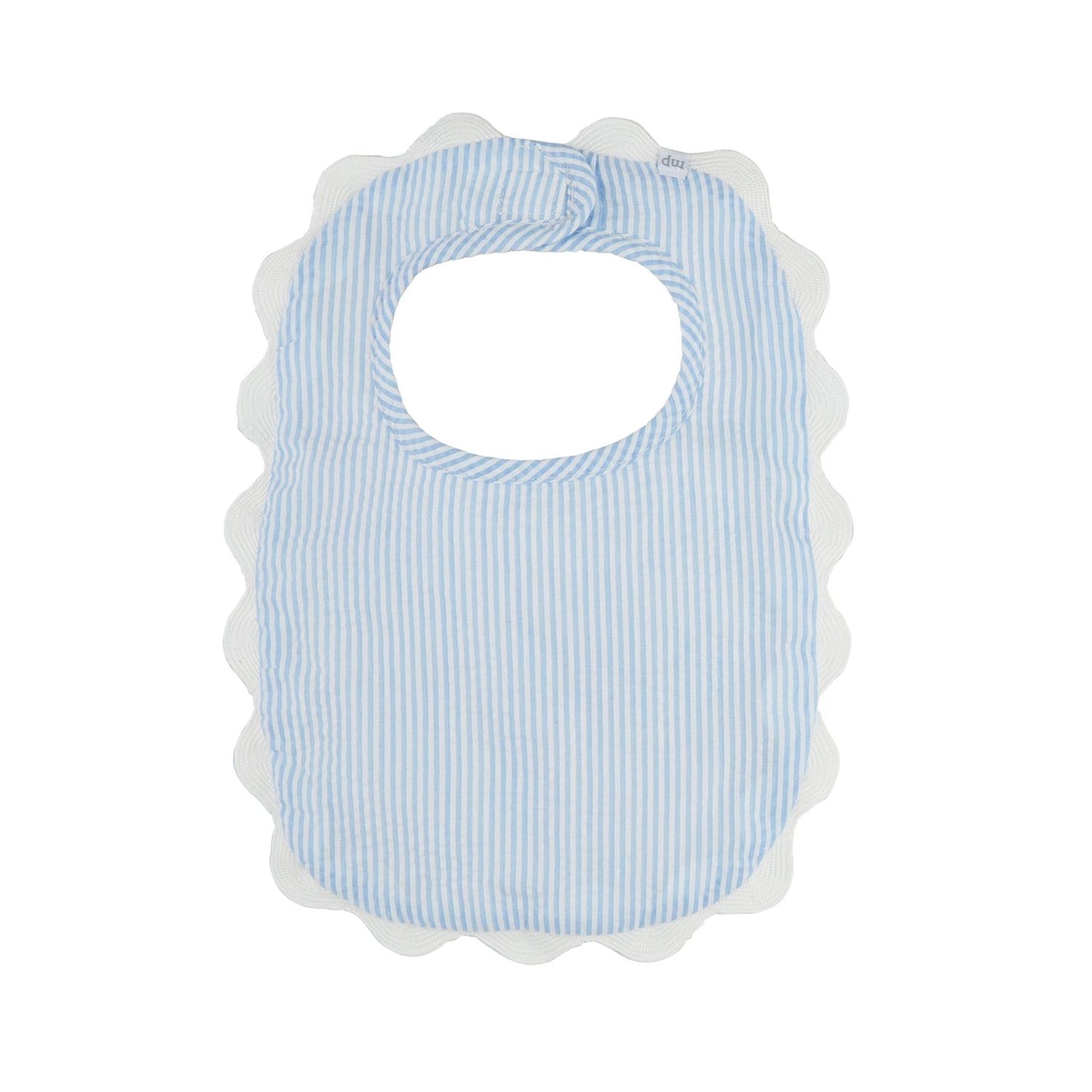 Light blue and white seersucker bib with scalloped white trim, rounded neckline. Available in sizes S, M, L.