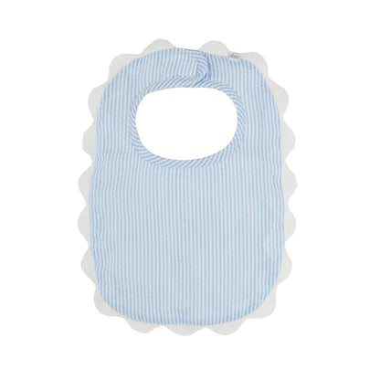 Light blue and white seersucker bib with scalloped white trim, rounded neckline. Available in sizes S, M, L.