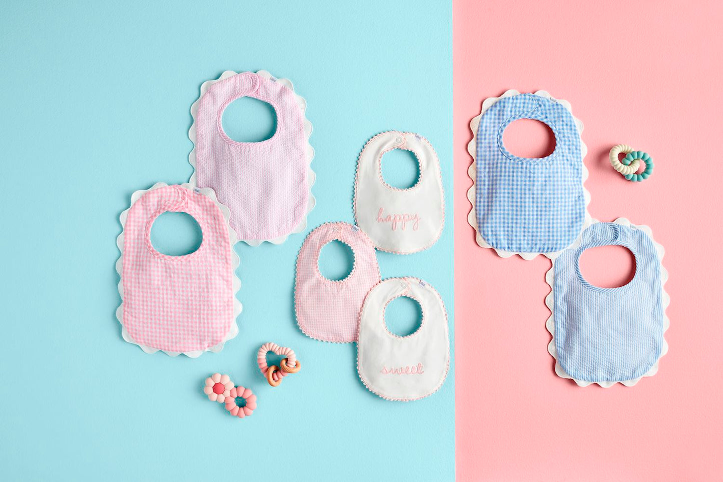 Six pastel seersucker and gingham scallop trim bibs. Available in one size suitable for infants.