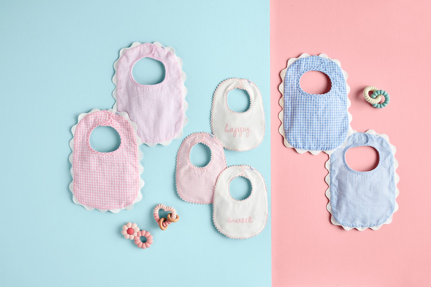 Six pastel seersucker and gingham scallop trim bibs. Available in one size suitable for infants.